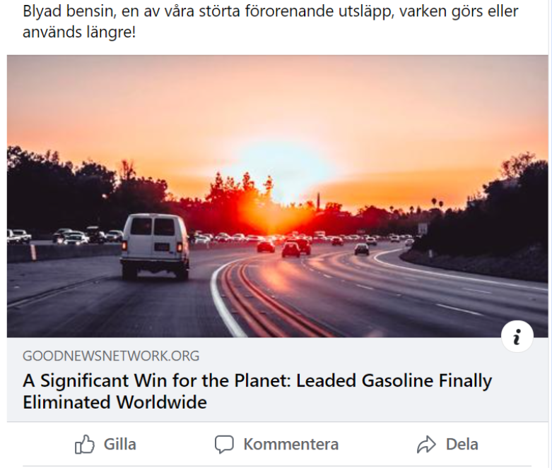 Bilden visar en artikel där det står "blyad bensin, en av de största förorenade utsläpp, varken görs eller används längre!